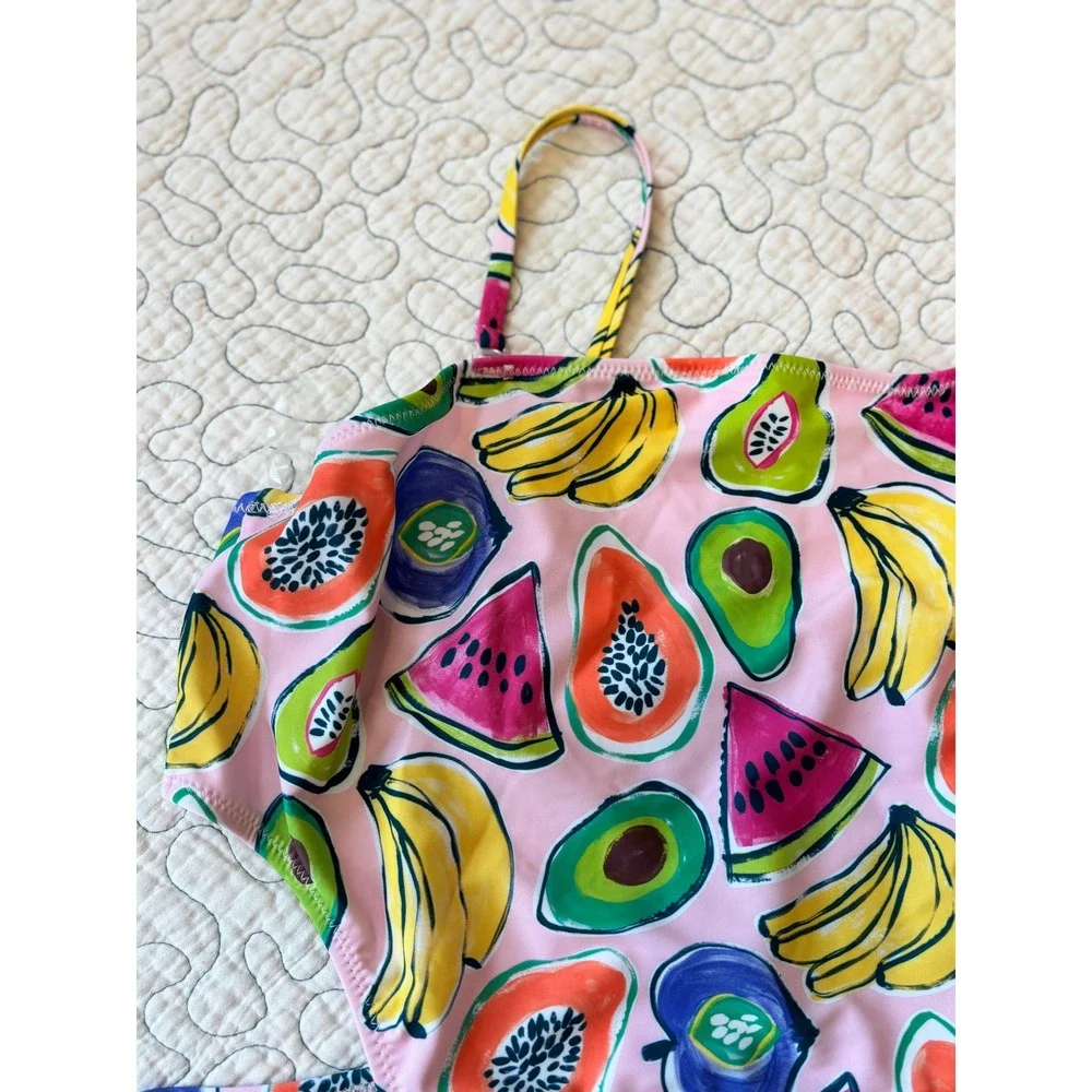 Andy & Evan Girls Pink Tropical Fruit Print One Shoulder Cutout Swimsuit XL 16